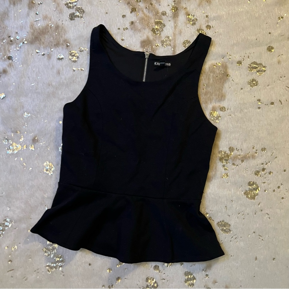 NWT Express Peplum Top With Lace Detail on Back Black XS Sleeveless Zip Back